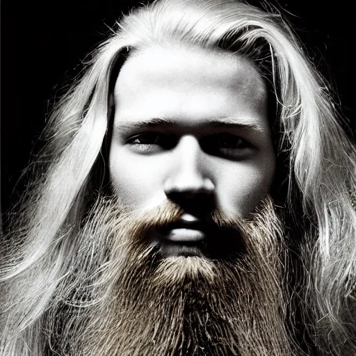 Image similar to 8k portrait photograph of 20 year old man named Carter Manson with long blond hair and red beard. Arnold Newman. Dramatic.