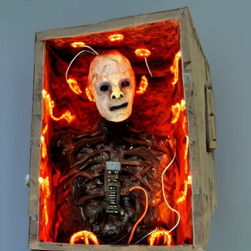 Image similar to a large box made out of human flesh, doom monster, electronic circuitry, skin, flesh!, blood, clumps of hair, lights, led, computer