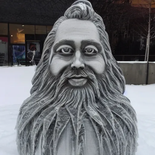 Image similar to a flawless, purely ice sculpture of a man with long hair, with trimmed beard, smiling widely. ice statue, extremely detailed, award-winning art, trending on Artstation