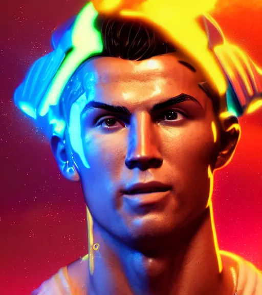 Image similar to glowwave portrait of cristiano ronaldo from borderlands 3, au naturel, hyper detailed, digital art, trending in artstation, cinematic lighting, studio quality, smooth render, unreal engine 5 rendered, octane rendered, art style by klimt and nixeu and ian sprigger and wlop and krenz cushart.