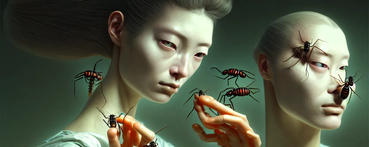 Image similar to hyperrealistic photography of a gorgeous female scientist constructing an insect - making machine in the style of jin kagetsu, james jean, chris cunningham, hans bellmer and wlop, highly detailed, face symmetry, masterpiece, award - winning, sharp focus, intricate concept art, ambient lighting, 8 k, artstation