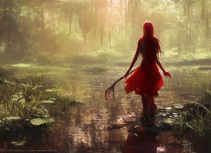 Prompt: glowing girl wading through swamp carrying a red flag , DSLR 85mm, by Craig Mullins, ilya kuvshinov, krenz cushart, artgerm, Unreal Engine 5, Lumen, Nanite