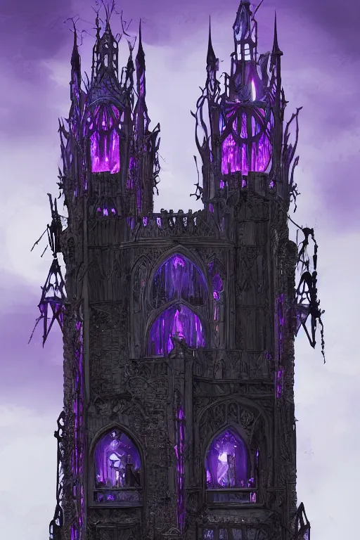Prompt: an elaborate surreal tower of dark gothic stone castles with stained glass and flying buttresses, black and purple coloring, stark lighting, concept art, artstation, 4k