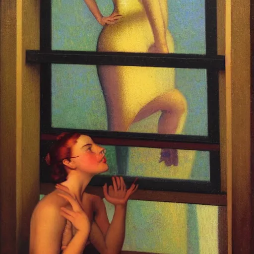Prompt: retrofuturistic 1 9 3 0 s detailed oil painting of a woman in a window, cyberdeco cloisters, electronic billboards, tech noir, wet reflections, atmospheric, ambient, wlop, livia prima, george tooker, greg rutkowski, gil elvgren, grant wood, alexis flower, hopper, mucha, whistler, norman rockwell, peter max