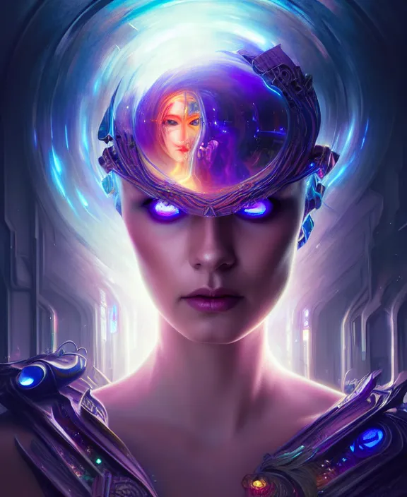 Image similar to a whirlwind of souls rushing inside the metaverse, half body, glowin eyes, tiara with sapphire, pharaoh, android, cyberpunk, d & d, fantasy, intricate, elegant, highly detailed, colorful, vivid color, digital painting, artstation, concept art, art by artgerm and greg rutkowski and alphonse mucha and ruan jia