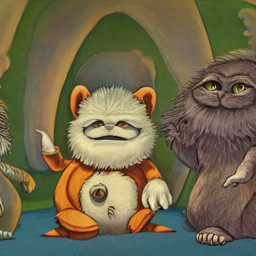 Prompt: cute fluffy alien monsters with long flowing detailed fur, detailed painting in the style of maurice sendak, 4 k