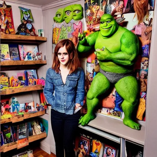 Prompt: Emma Watson showing off her room full of Shrek memorabilia