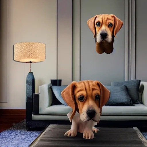 Image similar to a large lamp, shaped as a 3d beagle puppy head, placed in a large living room, art designers magazine HD photo superrealism 3d 8k resolution