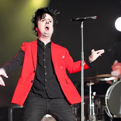 Prompt: Billie Joe from Green Day is singing into a pickle instead of a microphone, tabloid photo