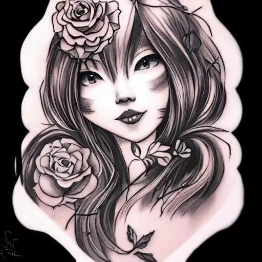 Image similar to tattoo design, stencil, beautiful japanese girls face, roses and ivy surrounding by artgerm, artgerm, cat girl, anime