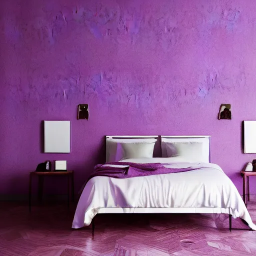 Image similar to interior of a beautiful and cozy bedroom, modern minimal design, vaporwave wallpaper texture, vivid lighting, purple color scheme, photorealist, 4 k