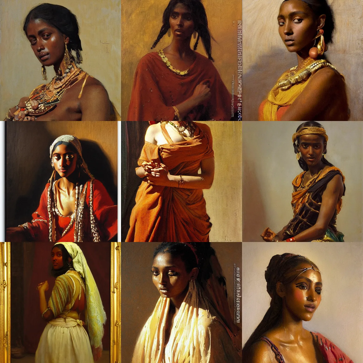 Prompt: orientalism painting of a thin somali young woman wearing a dress face detail by theodore ralli and nasreddine dinet and anders zorn and edwin longsden long, bronze age, sword and sorcery, oil on canvas, masterful intricate artwork, excellent lighting, high detail 8 k