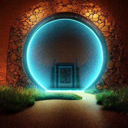 Prompt: circular stone portal with glowing runes and a different world beyond::2, night, mystical lights, octane render, cinematic lighting