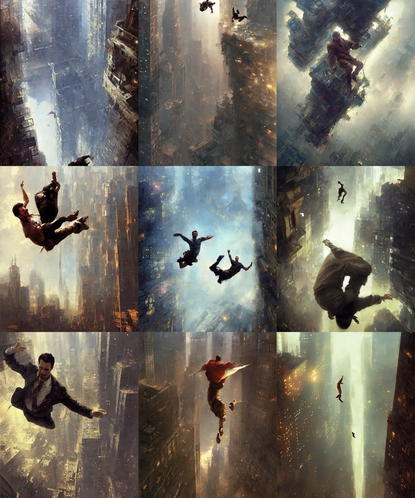 Prompt: digital art painting of a man falling from a skyscraper, still in the middle of the air painted by craig mullins and gaston bussiere and greg rutkowski, symmetrical face, defined facial features, symmetrical facial features, dramatic lighting, close up