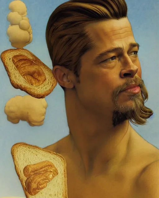 Prompt: realistic portrait of brad pitt as piece of bread, detailed art by maxfield parrish and jessie willcox smith, illustration style, brandywine school, spray paints