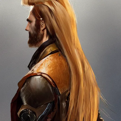 Prompt: rear side portrait of a big, long haired blonde man with a mechanical left arm, wearing a brown leather coat, ponytail hair, DnD, fantasy, digital art by Ruan Jia