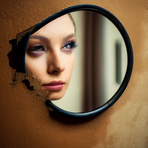 Image similar to masterpiece portrait of a beautiful woman looking at her reflection in front of a cracked mirror, beautiful face, fashion photography, elegant furniture, cracked reflection, mirror, cracks