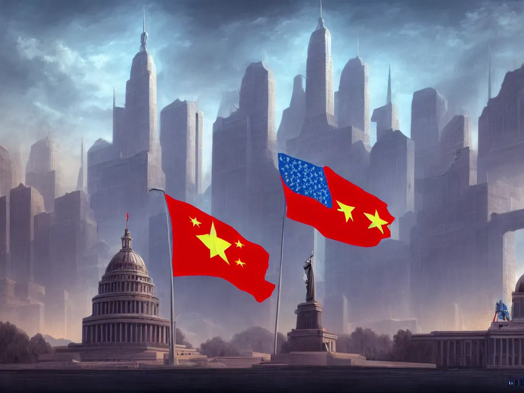 Prompt: landscape matte painting by fan wennan. communist american capitol megastructure shining in the sun after the triumph of socialism in america, communist american state flag, communist statue and emblem, digital painting, awe, bright future, hope, highly detailed, 4 k, artstation, photorealistic, architecture, america 2 0 9 8