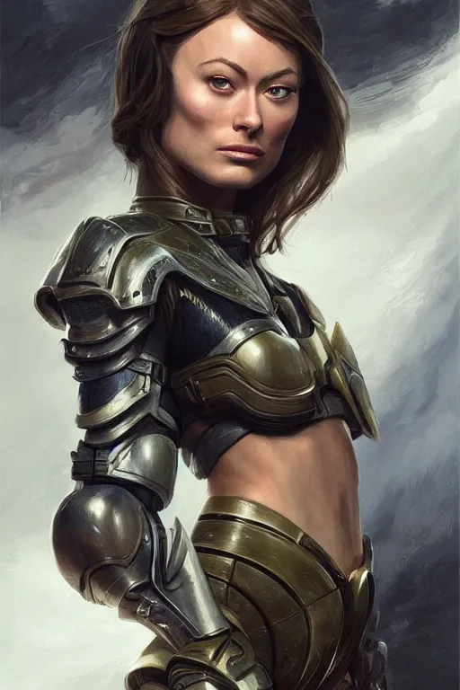 Image similar to a professional painting of a young Olivia Wilde, clothes in military armor, olive skin, long dark hair, beautiful bone structure, symmetrical facial features, intricate, elegant, digital painting, concept art, smooth, sharp focus, illustration, from StarCraft by Ruan Jia and Mandy Jurgens and Artgerm and William-Adolphe Bouguerea