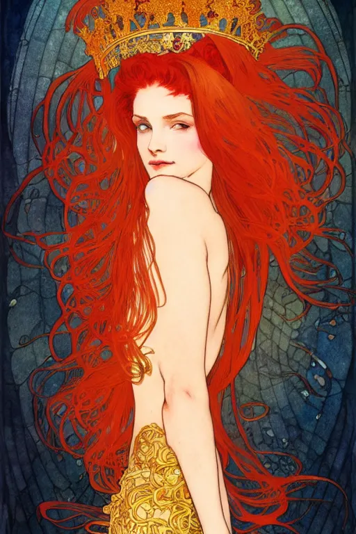 Image similar to watercolor, a red hair female underwater with a crown made of long golden fish!!, intricate, elegant, highly detailed, my rendition, digital painting, trending on artstation, concept art, smooth, sharp focus, illustration, art by alphonse mucha