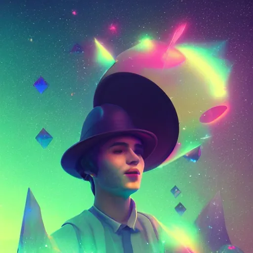 Image similar to a bard wearing a cavelier hat by beeple, cosmic nebulae, trending on artstation, bokeh, dark rainbow, black rainbow opal, cgsociety