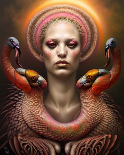 Image similar to a detailed portrait of dreampunk flamingo python hybrid mix beautiful! goddess by tomasz alen kopera and peter mohrbacher