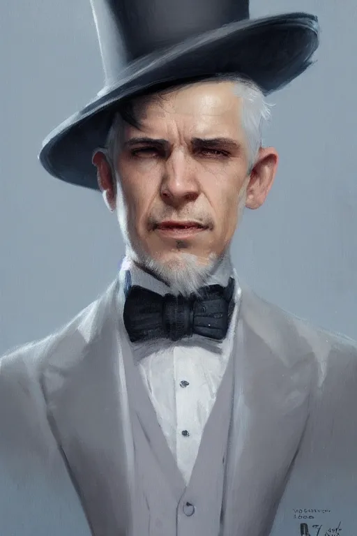 Prompt: a halfling grey hair with stubble top hat and suit by Greg Rutkowski, painting, portrait, D&D, trending on artstation