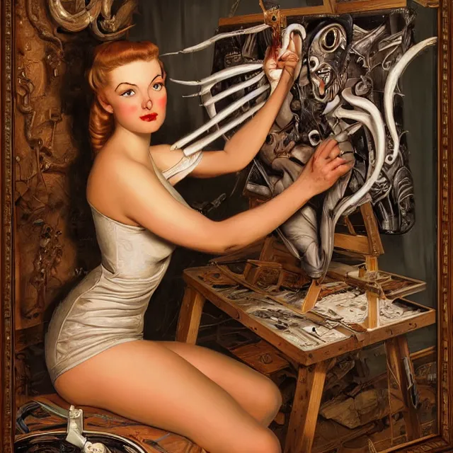 Prompt: biomechanoid artist painting a self - portrait on a canvas. intricate, highly detailed, digital matte painting in the style of gil elvgren and in the style of h. r. giger. irony, recursion, inspiration.