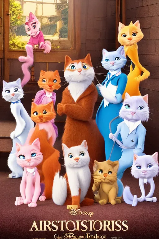 Image similar to aristocats movie poster, cgi, cinema, realistic, cats