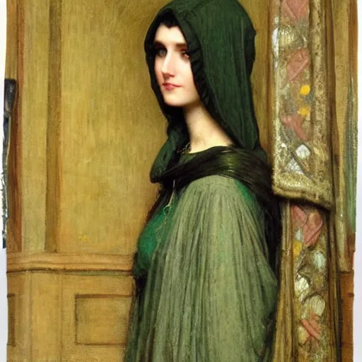 Image similar to woman with green eyes wearing a hood intricate portrait by john william waterhouse and Edwin Longsden Long and Theodore Ralli and gaston bussiere. Cinematic, hyper realism, dramatic lighting, high detail 8k