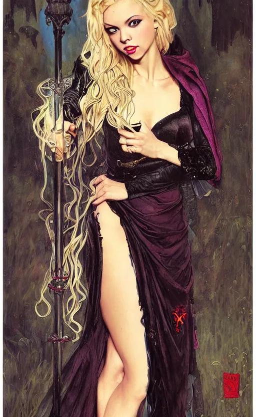 Image similar to full length portrait of a woman who is a mix of taylor swift and jordyn jones, sorcereress using dark seduction magic, d & d, medieval, fantasy, royo, klimt, miro, vallejo, frazetta, alphonse mucha, greg rutkowski, whealan