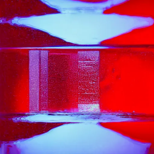 Image similar to a red cube reflected by water in a white room, professional photography, 4k lighting