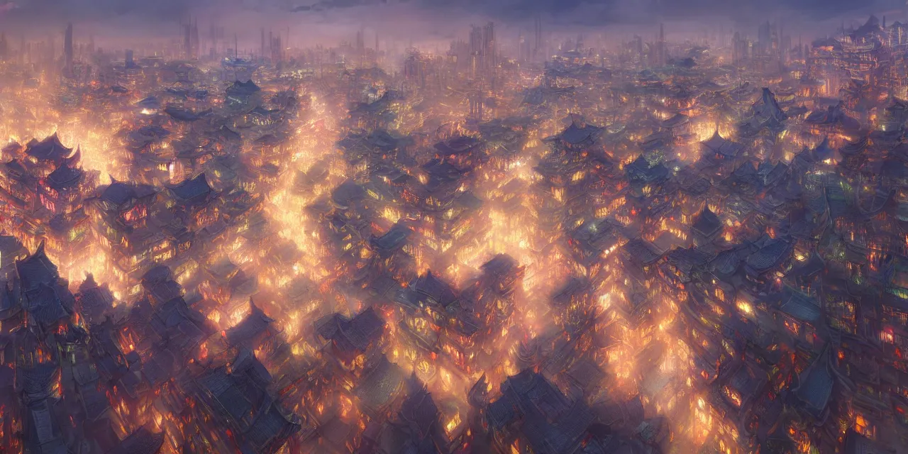 Image similar to a beautiful painting of a ancient big city of china, light effect, unreal engine, super wide angle, by yuumei and yanjun chen, trending on artstation