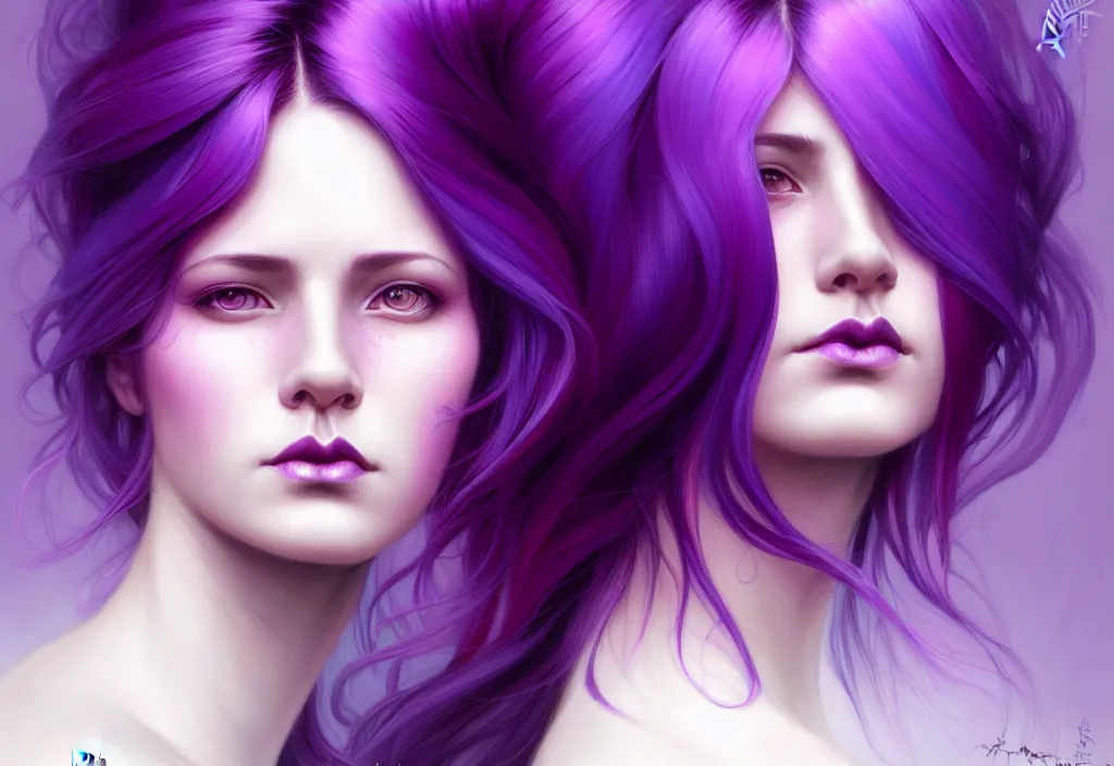 Image similar to Purple hair relistic Portrait of a two woman with bright colored flying hair, all shades of purple. Beauty face, Hair coloring, fantasy, intricate, elegant, highly detailed, digital painting, artstation, concept art, smooth, sharp focus, illustration, art by artgerm and greg rutkowski and alphonse mucha