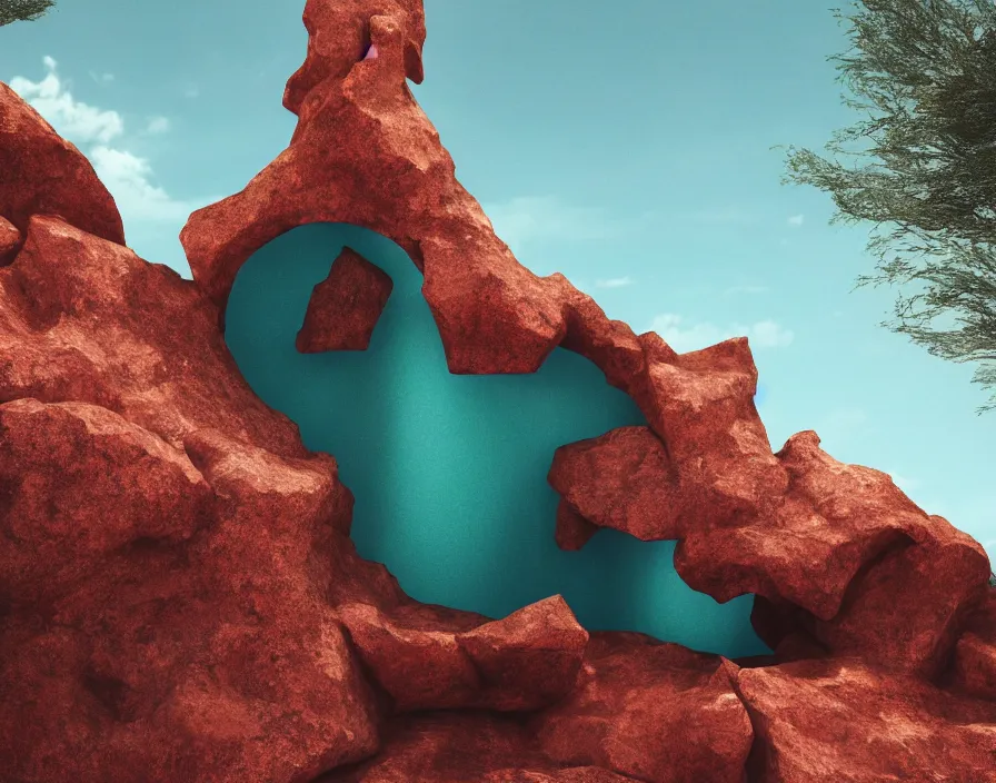 Prompt: hight detailed rock grotto in a minimalist architectural portal, sky background. Vogue magazine. halo. octane rendering, cinematic, hyperrealism, octane rendering, 8k, depth of field, bokeh. iridescent accents. vibrant. teal gold and red color scheme