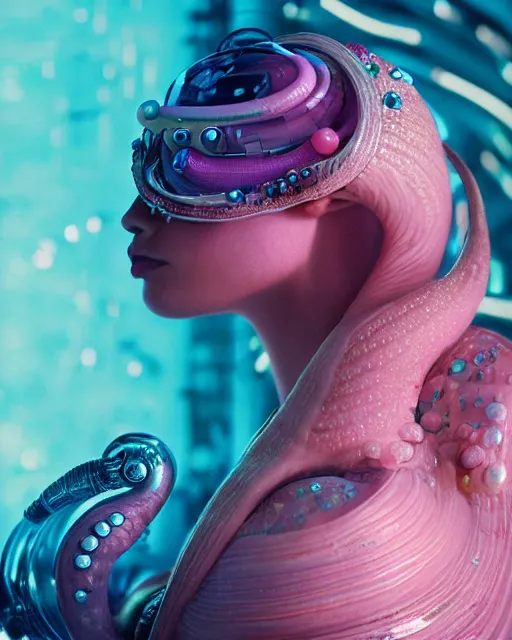 Image similar to natural light, soft focus portrait of a cyberpunk anthropomorphic snail with soft synthetic pink skin, blue bioluminescent plastics, smooth shiny metal, elaborate ornate head piece, piercings, skin textures, by annie leibovitz, paul lehr