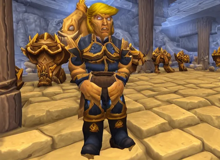 Image similar to donald trump at the auction house in ironforge world of warcraft