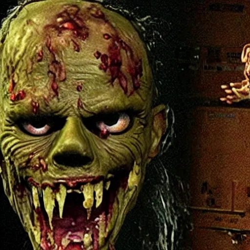 Prompt: a photograph from the horror movie featuring a cg zombie that was based on Eddie The Head from Iron Maiden except fully realistic including putrid human skin and teeth and wearing real clothes based on the wardrobe of Eddie The Head in his album art