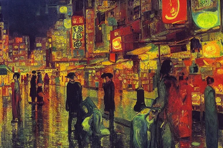 Prompt: dream festival, revelers playing games and shopping at a night market, low angle view from a city street lined with shops and apartments, glowing street signs, city like hong kong, tokyo, barcelona, oil painting by edvard munch, beksinski