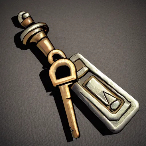 Image similar to a stylised metal key, key is on the center of image, rpg game inventory item, very detailed, rim light, outer glow, on the white background, high poly vray render, stylised textures, trending on artstation