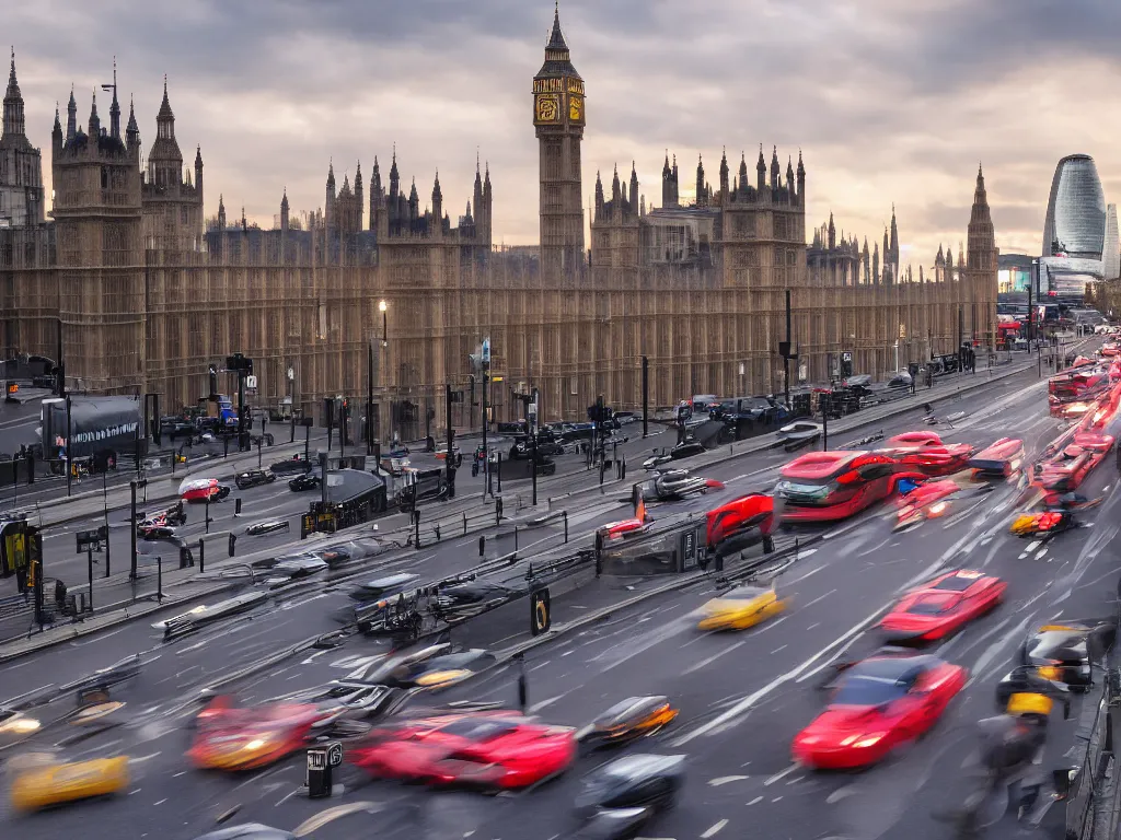 Prompt: 3 cars racing through london streets, dramatic crane view, cinematic dusk lighting