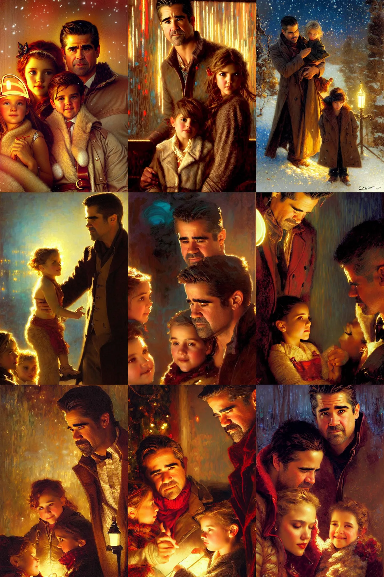 Prompt: winter, family, colin farrell, jessica alba woman, with a kid, neon light, detailed faces, painting by gaston bussiere, craig mullins, j. c. leyendecker