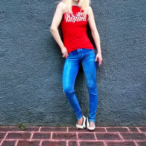 Prompt: a robot woman with Blonde Hair, blue eyes, wearing a Red tank Top and Blue jeans