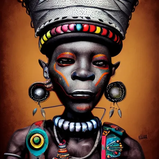 Prompt: wide - angle profile face portrait of a tin toy african shaman doing cyberpunk! voodoo, nicoletta ceccoli, mark ryden, lostfish, max fleischer, hyper realistic, artstation, illustration, digital paint, matte paint, vivid colors, bright, cheerful, detailed and intricate environment