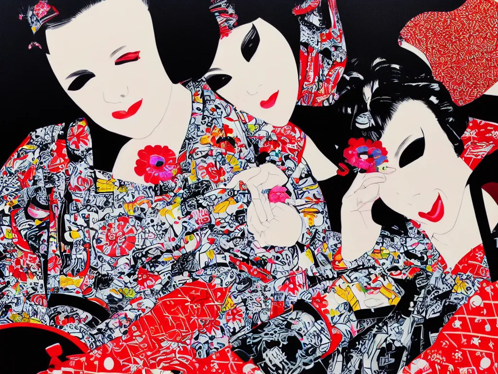 Image similar to hyperrealism composition of the detailed woman in a japanese kimono sitting at an extremely detailed poker table with darth vader, fireworks on the background, pop - art style, jacky tsai style, andy warhol style, acrylic on canvas