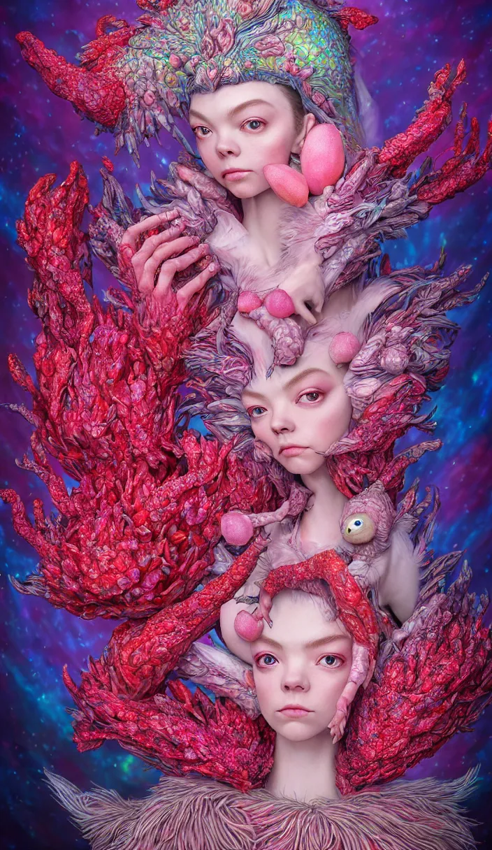 Image similar to hyper detailed 3d render like a Oil painting - kawaii portrait Aurora (a beautiful skeksis queen from dark crystal that looks like Anya Taylor-Joy) seen red carpet photoshoot in UVIVF posing in scaly dress to Eat of the Strangling network of yellowcake aerochrome and milky Fruit and His delicate Hands hold of gossamer polyp blossoms bring iridescent fungal flowers whose spores black the foolish stars by Jacek Yerka, Ilya Kuvshinov, Mariusz Lewandowski, Houdini algorithmic generative render, Abstract brush strokes, Masterpiece, Edward Hopper and James Gilleard, Zdzislaw Beksinski, Mark Ryden, Wolfgang Lettl, hints of Yayoi Kasuma, octane render, 8k
