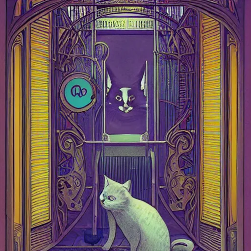 Prompt: a cat wearing a hooded cloak, in an elevator with art nouveau neon panelling, by moebius and james gurney and james jean and greg rutkowski, 8 k