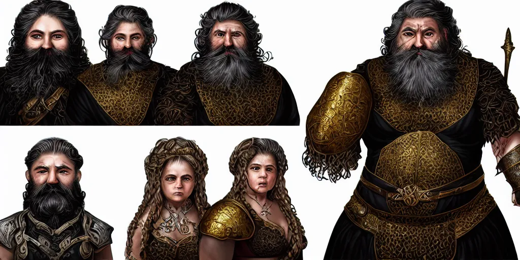 Image similar to triptych of elderly female feminine bearded dwarven heavyset fighter with curly long grey hairstyle, her full beard is long and plaited style, she has wrinkled skin and is wearing full black platemail armor with intricate slight gold trim by rossdraws, triptych format