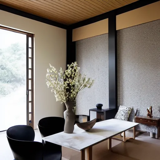 Image similar to lounge and dining room, stone, interior design, stylish luxury hotel living room design, yakisugi, black vertical slatted timber, textures, feminine, black walls, art, Japanese pottery vase with flowers, kakejiku, seasonal, Japanese influences