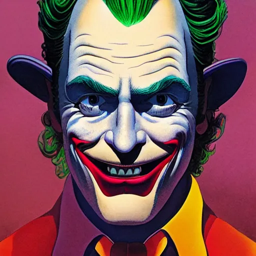 Prompt: jean giraud and moebius and don lawrence and alex ross and john romita jr, gouache and wash paints, smooth focus, sharp details, detailed details, bokeh, 4 k, fine 5 k details, fine details, fine intricate, fine facial proportionate, fine body proportionate / joaquin phoenix joker comic panel